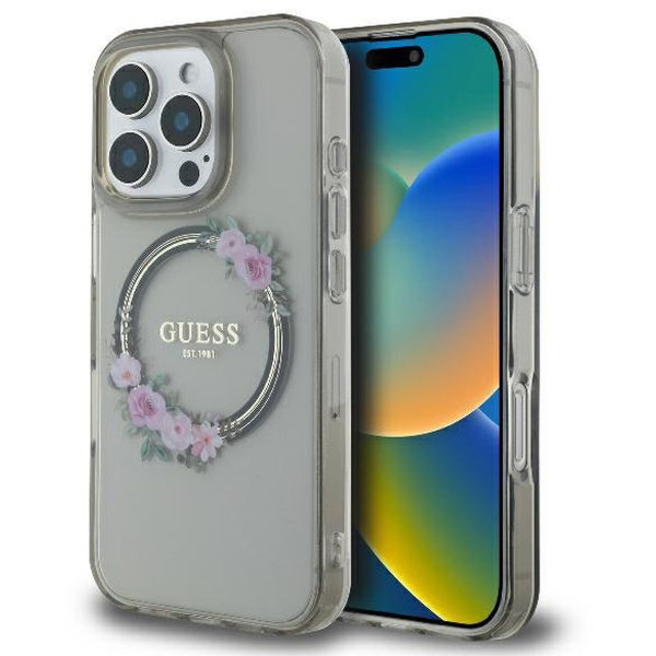 Guess - IML Flowers Wreath MagSafe (GUHMP16LHFWFCK) - iPhone 16 Pro - Black