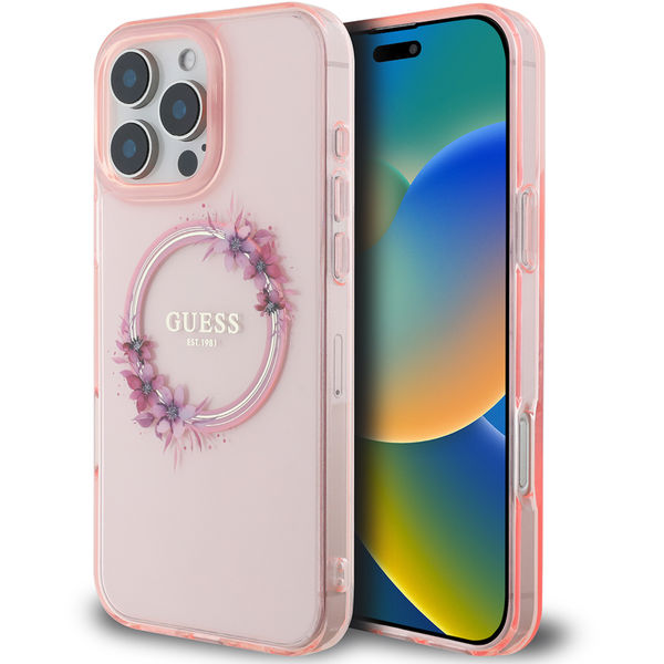 Guess - IML Flowers Wreath MagSafe (GUHMP16LHFWFCP) - iPhone 16 Pro - Pink