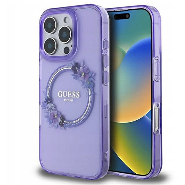 Guess - IML Flowers Wreath MagSafe (GUHMP16LHFWFCU) - iPhone 16 Pro - Purple