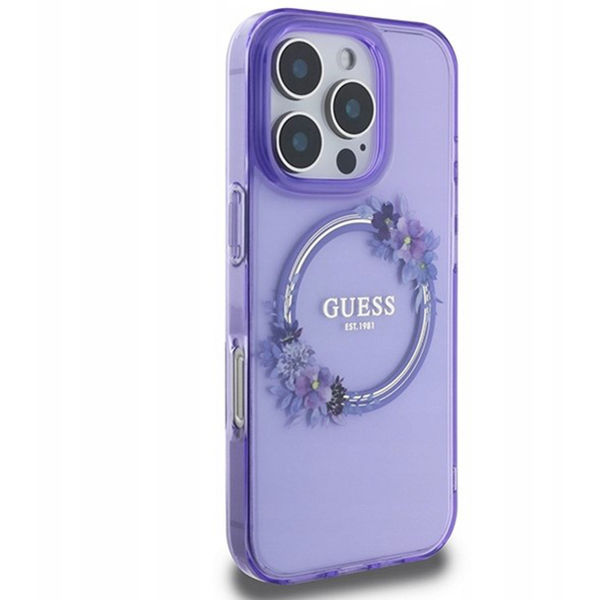 Guess - IML Flowers Wreath MagSafe (GUHMP16LHFWFCU) - iPhone 16 Pro - Purple