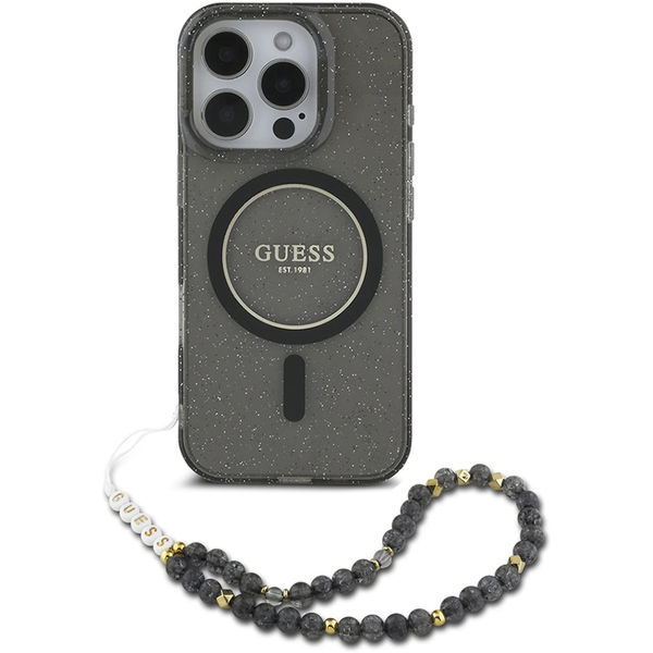 Guess - IML Glitter with Pearl Strap MagSafe (GUHMP16LHGCRELSK) - iPhone 16 Pro - Black