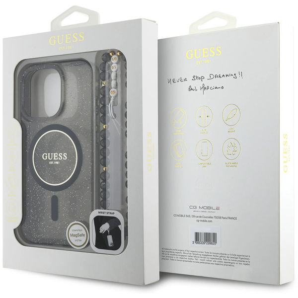 Guess - IML Glitter with Pearl Strap MagSafe (GUHMP16LHGCRELSK) - iPhone 16 Pro - Black