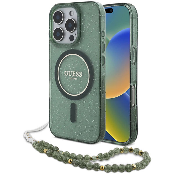 Guess - IML Glitter with Pearl Strap MagSafe (GUHMP16LHGCRELSA) - iPhone 16 Pro - Green