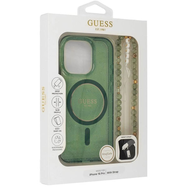 Guess - IML Glitter with Pearl Strap MagSafe (GUHMP16LHGCRELSA) - iPhone 16 Pro - Green