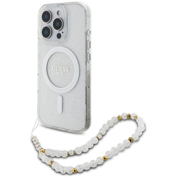 Guess - IML Glitter with Pearl Strap MagSafe (GUHMP16LHGCRELST) - iPhone 16 Pro - Clear