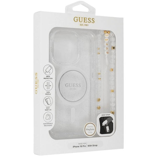 Guess - IML Glitter with Pearl Strap MagSafe (GUHMP16LHGCRELST) - iPhone 16 Pro - Clear