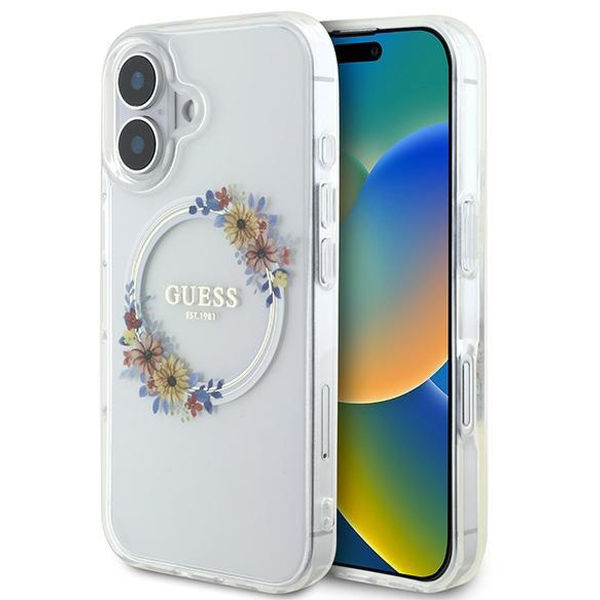 Guess - IML Flowers Wreath MagSafe (GUHMP16MHFWFCT) - iPhone 16 Plus - Clear