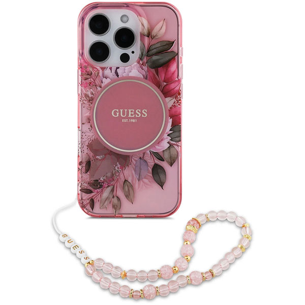 Guess - IML Flowers with Pearl Strap MagSafe (GUHMP16LHFWBRCESP) - iPhone 16 Pro - Pink