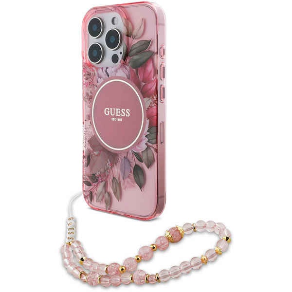 Guess - IML Flowers with Pearl Strap MagSafe (GUHMP16LHFWBRCESP) - iPhone 16 Pro - Pink