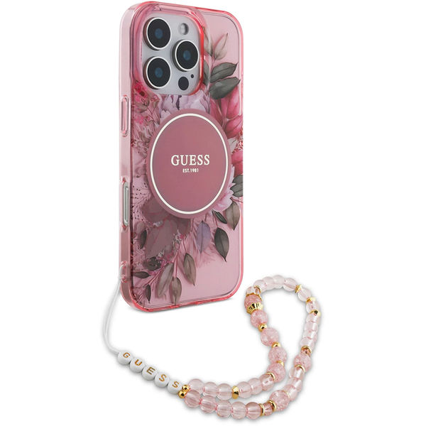 Guess - IML Flowers with Pearl Strap MagSafe (GUHMP16LHFWBRCESP) - iPhone 16 Pro - Pink