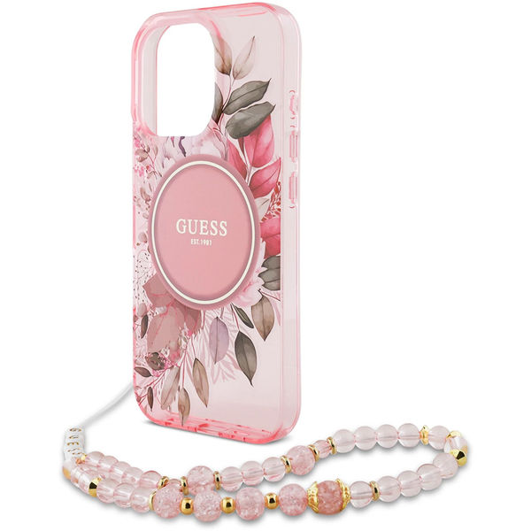 Guess - IML Flowers with Pearl Strap MagSafe (GUHMP16LHFWBRCESP) - iPhone 16 Pro - Pink