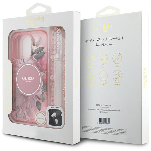 Guess - IML Flowers with Pearl Strap MagSafe (GUHMP16LHFWBRCESP) - iPhone 16 Pro - Pink