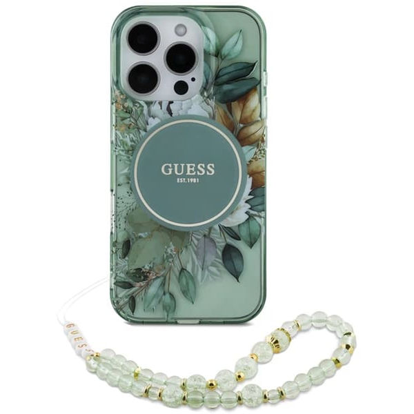 Guess - IML Flowers with Pearl Strap MagSafe (GUHMP16LHFWBRCESN) - iPhone 16 Pro - Green