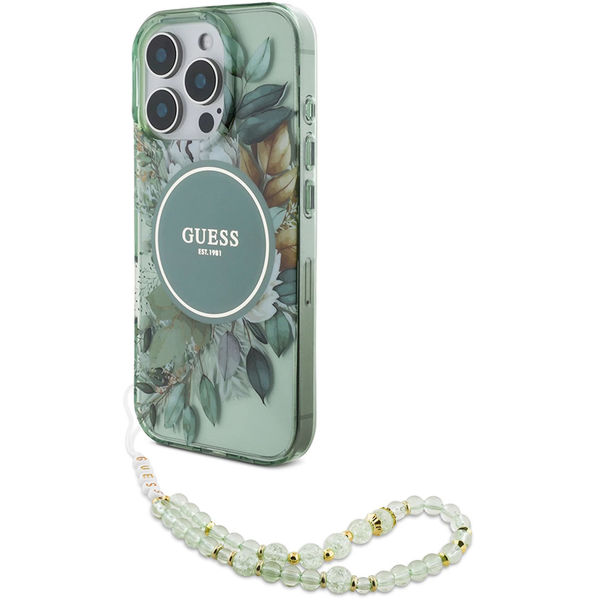 Guess - IML Flowers with Pearl Strap MagSafe (GUHMP16LHFWBRCESN) - iPhone 16 Pro - Green