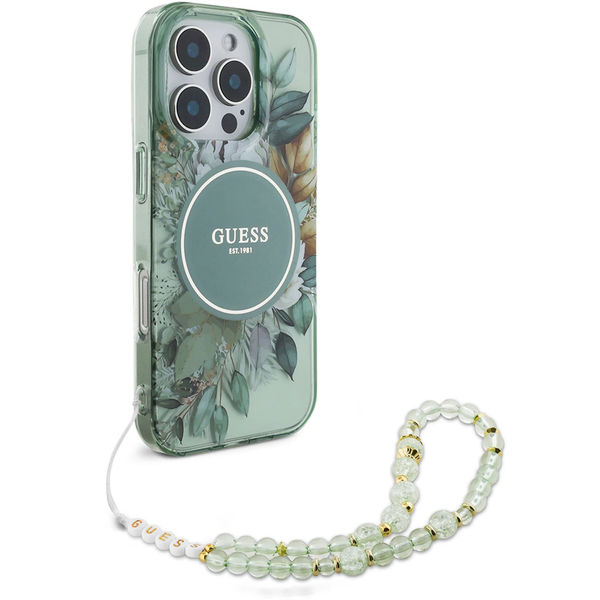 Guess - IML Flowers with Pearl Strap MagSafe (GUHMP16LHFWBRCESN) - iPhone 16 Pro - Green