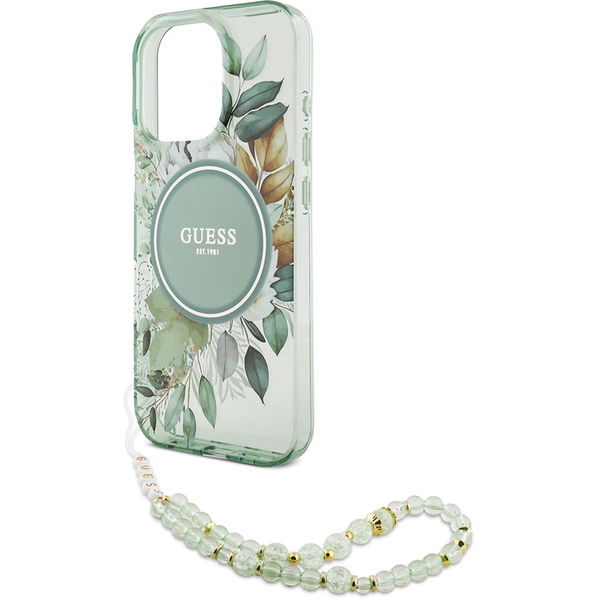 Guess - IML Flowers with Pearl Strap MagSafe (GUHMP16LHFWBRCESN) - iPhone 16 Pro - Green