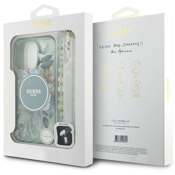 Guess - IML Flowers with Pearl Strap MagSafe (GUHMP16LHFWBRCESN) - iPhone 16 Pro - Green