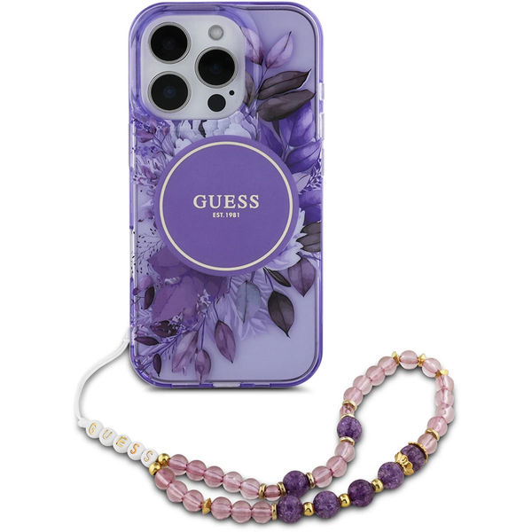 Guess - IML Flowers with Pearl Strap MagSafe (GUHMP16LHFWBRCESU) - iPhone 16 Pro - Purple