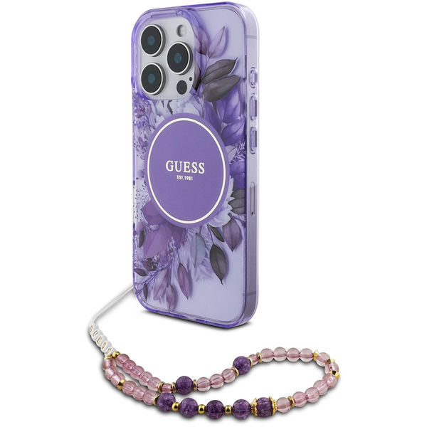 Guess - IML Flowers with Pearl Strap MagSafe (GUHMP16LHFWBRCESU) - iPhone 16 Pro - Purple