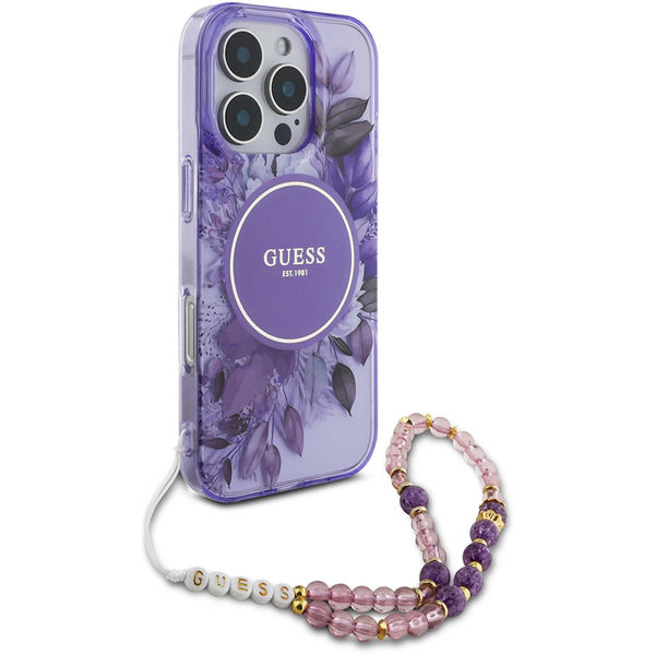 Guess - IML Flowers with Pearl Strap MagSafe (GUHMP16LHFWBRCESU) - iPhone 16 Pro - Purple