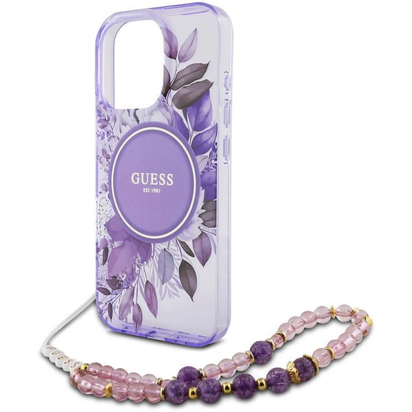 Guess - IML Flowers with Pearl Strap MagSafe (GUHMP16LHFWBRCESU) - iPhone 16 Pro - Purple