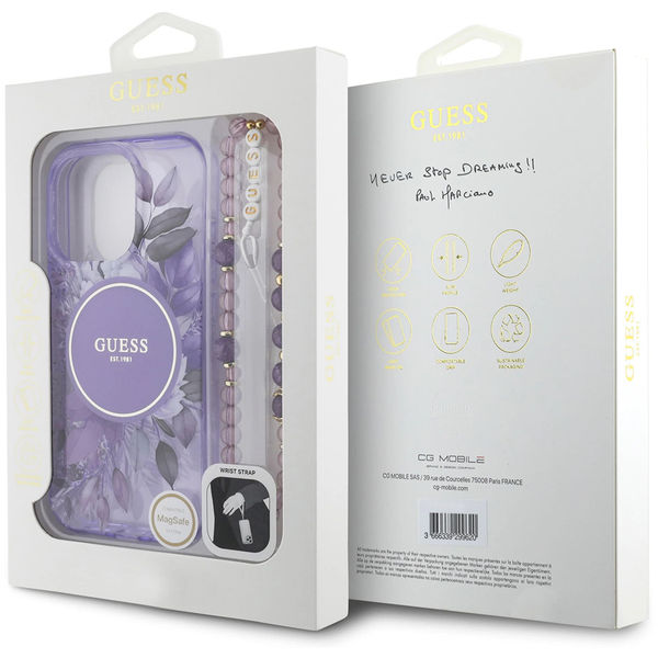 Guess - IML Flowers with Pearl Strap MagSafe (GUHMP16LHFWBRCESU) - iPhone 16 Pro - Purple