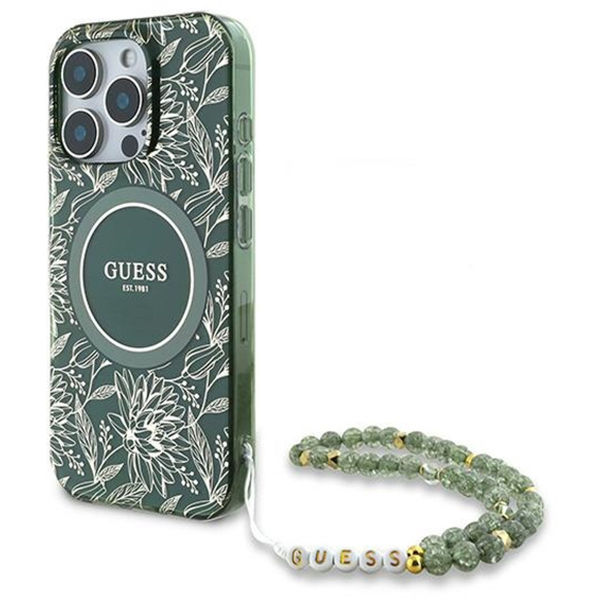 Guess - IML Flowers Allover Electro With Pearl Strap MagSafe (GUHMP16LHCPOFPA) - iPhone 16 Pro - Green