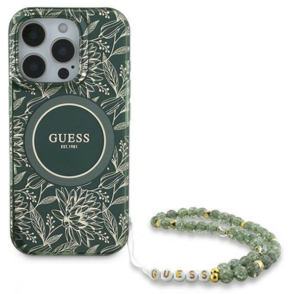 Guess - IML Flowers Allover Electro With Pearl Strap MagSafe (GUHMP16LHCPOFPA) - iPhone 16 Pro - Green