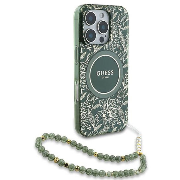 Guess - IML Flowers Allover Electro With Pearl Strap MagSafe (GUHMP16LHCPOFPA) - iPhone 16 Pro - Green