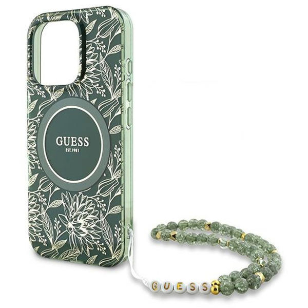 Guess - IML Flowers Allover Electro With Pearl Strap MagSafe (GUHMP16LHCPOFPA) - iPhone 16 Pro - Green