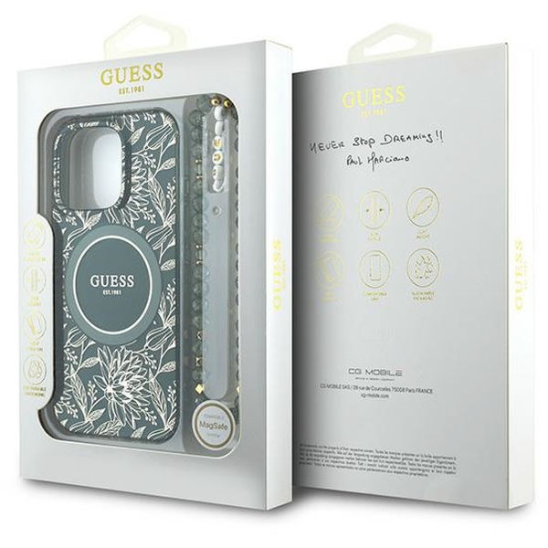 Guess - IML Flowers Allover Electro With Pearl Strap MagSafe (GUHMP16LHCPOFPA) - iPhone 16 Pro - Green