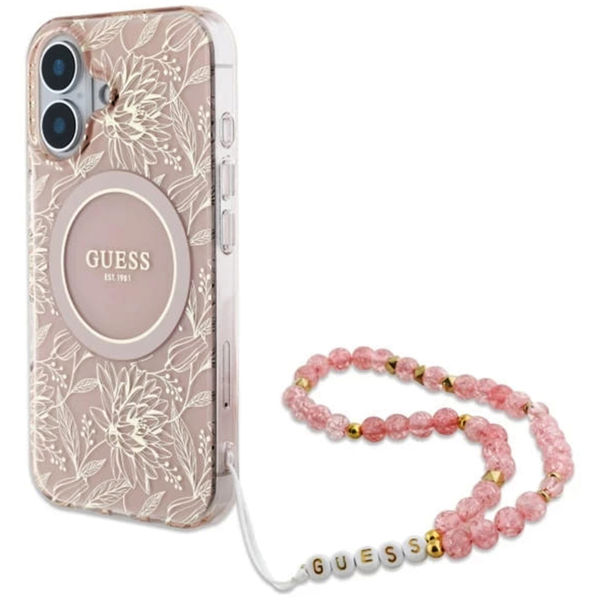 Guess - IML Flowers Allover Electro With Pearl Strap MagSafe (GUHMP16MHCPOFPP) - iPhone 16 Plus - Pink