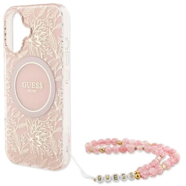 Guess - IML Flowers Allover Electro With Pearl Strap MagSafe (GUHMP16MHCPOFPP) - iPhone 16 Plus - Pink