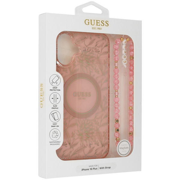 Guess - IML Flowers Allover Electro With Pearl Strap MagSafe (GUHMP16MHCPOFPP) - iPhone 16 Plus - Pink
