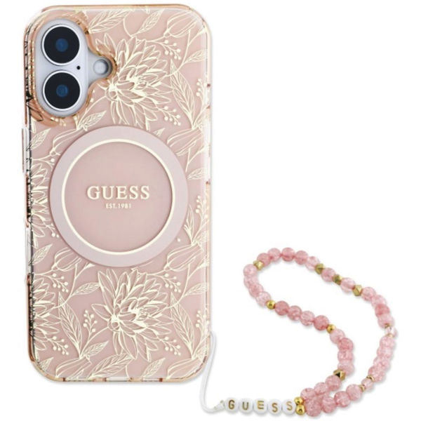 Guess - IML Flowers Allover Electro With Pearl Strap MagSafe (GUHMP16SHCPOFPP) - iPhone 16 - Pink