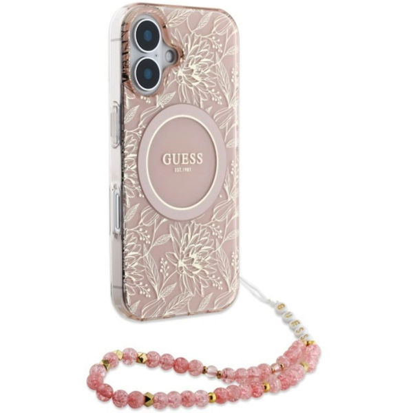 Guess - IML Flowers Allover Electro With Pearl Strap MagSafe (GUHMP16SHCPOFPP) - iPhone 16 - Pink