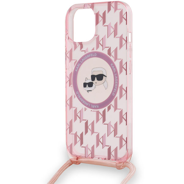 Karl Lagerfeld - IML Crossbody MagSafe (KLHMP15SHCKCKLCP) - iPhone 15 - Pink Mono Karl&Choupette Head