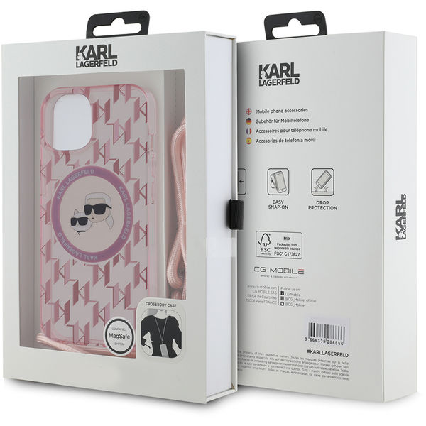 Karl Lagerfeld - IML Crossbody MagSafe (KLHMP15SHCKCKLCP) - iPhone 15 - Pink Mono Karl&Choupette Head