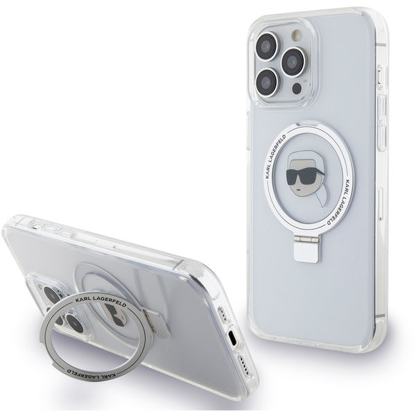 Karl Lagerfeld - Hardcase Ring Stand MagSafe (KLHMP15LHMRSKHH) - iPhone 15 Pro - White Karl Head