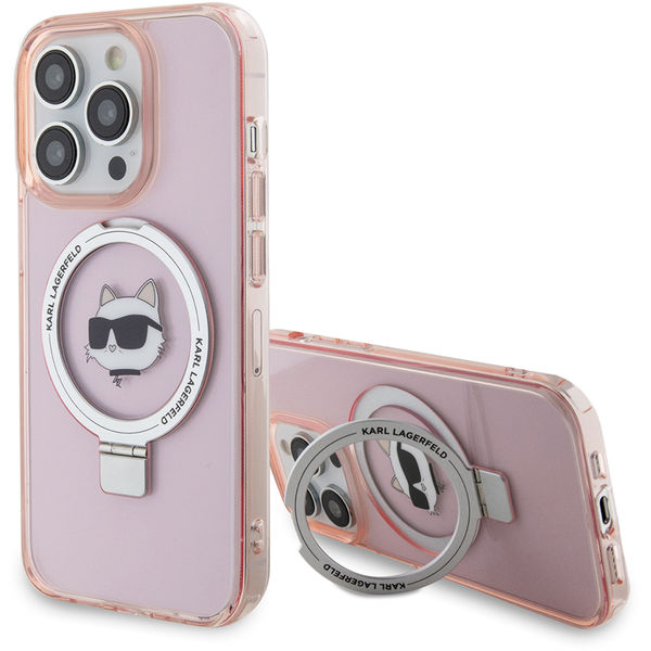 Karl Lagerfeld - Hardcase Ring Stand MagSafe (KLHMP15LHMRSCHP) - iPhone 15 Pro - Pink Choupette Head