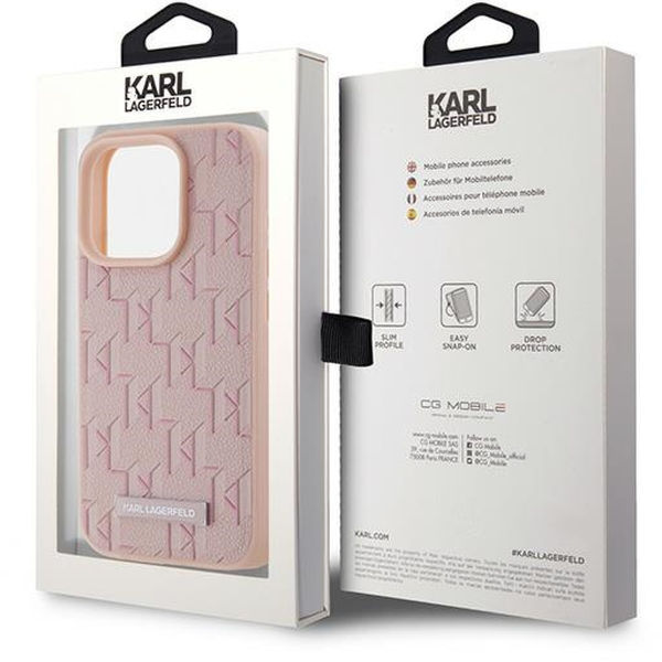 Karl Lagerfeld - Leather MagSafe - iPhone 15 Pro (KLHMP15LPKHPORPP) - Pink Monogram Metal Logo