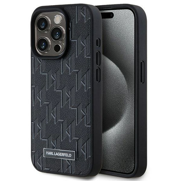Karl Lagerfeld - Leather MagSafe (KLHMP15XPKHPORPK) - iPhone 15 Pro Max - Black Monogram Metal Logo