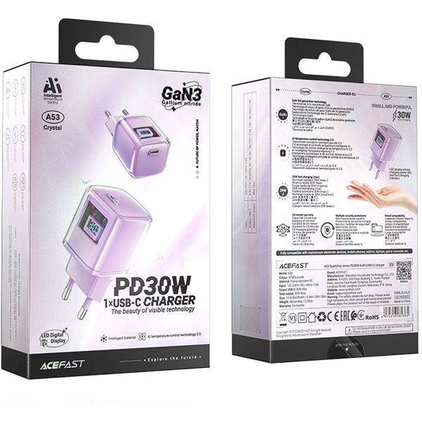 Acefast - Wall charger Sparkling Series (A53) - Type-C, GaN Technology, 30W, EU Plug, Fast Charging, LED display - Purple