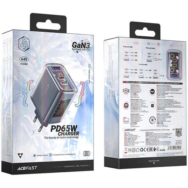 Acefast - Wall Charger Exploration Series (A45) - 2 x USB-C, USB, GaN, PD65W, Fast Charging - Gray