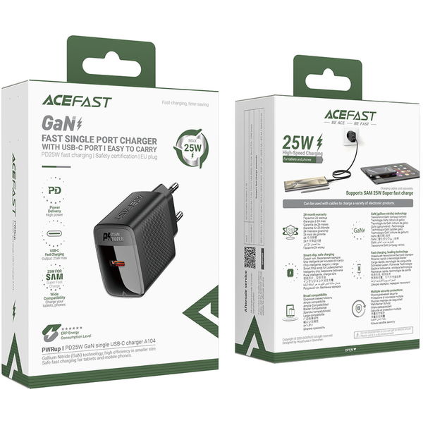 Acefast - Wall Charger (A104) - USB-C, PD25W, GaN Technology, Fast Charging Compatibility - Black