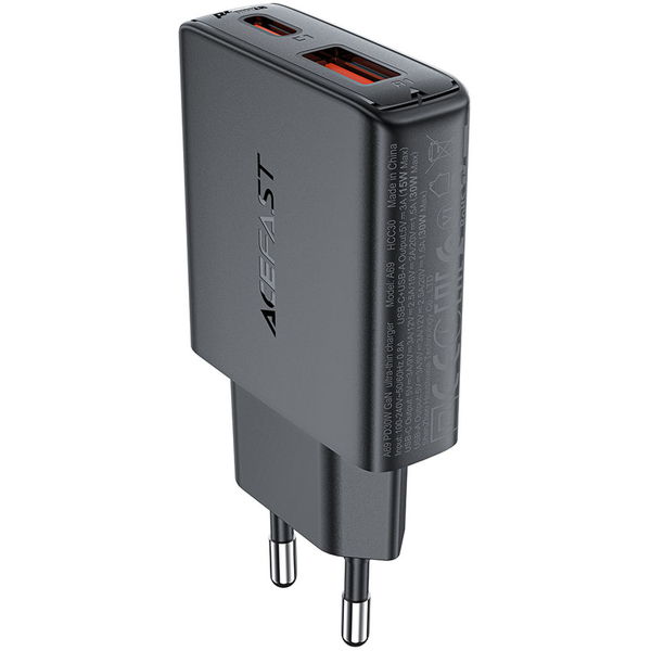 Acefast - Wall Charger (A69) - Type-C, USB, PD30W, GaN Technology, Quick Charge Compatibility - Black