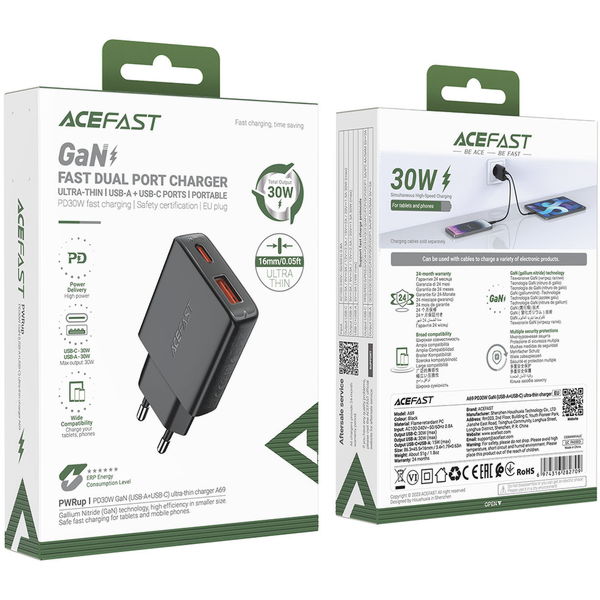 Acefast - Wall Charger (A69) - Type-C, USB, PD30W, GaN Technology, Quick Charge Compatibility - Black