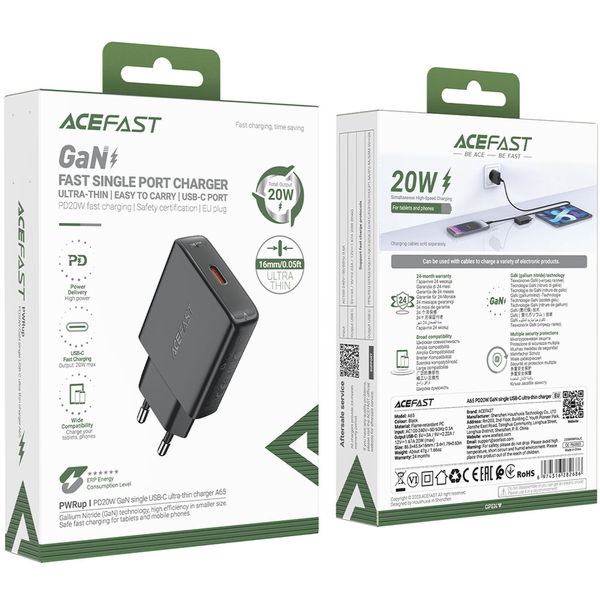 Acefast - Wall Charger (A65) - Type-C, GaN Technology, 20W, Power Delivery - Black
