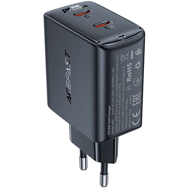 Acefast - Wall Charger (A49) - 2x Type-C, Universal Charger, GaN Technology, PD35W - Black