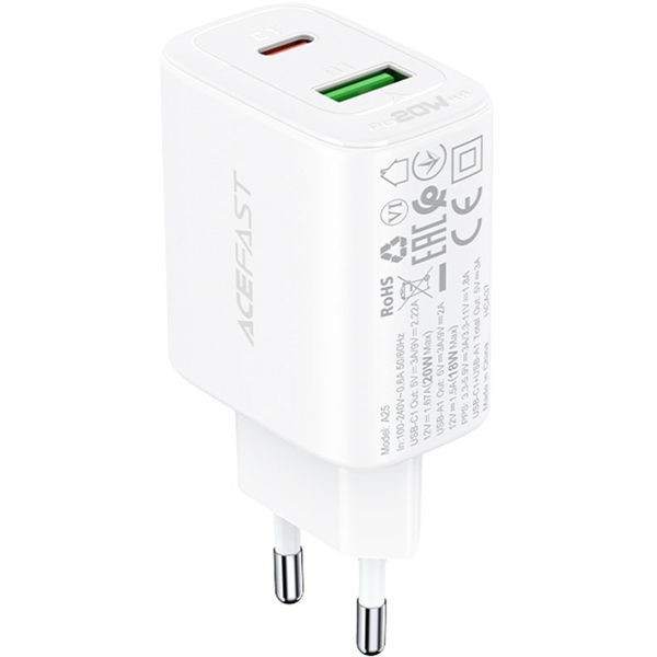 Acefast - Wall Charger (A25) - Type-C, USB, 20W, 3A, Power Delivery, Fast Charging - White